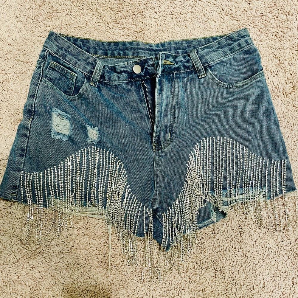 NWT Windsor Denim Shorts with Rhinestone Fringe, Size Medium